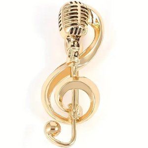 Musical Note Brooch Microphone Pin Gold Music Radio Sing Band Stylish New Voice